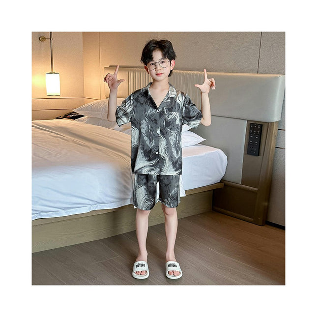 Boys' Pajamas 2-piece Set - Imitation Ice Silk Buttoned Short-sleeved Shorts Home Clothes Set