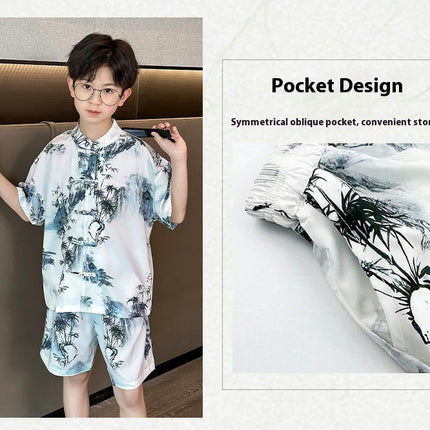 Boys' Pajamas 2-piece Set - Imitation Ice Silk Buttoned Short-sleeved Shorts Home Clothes Set
