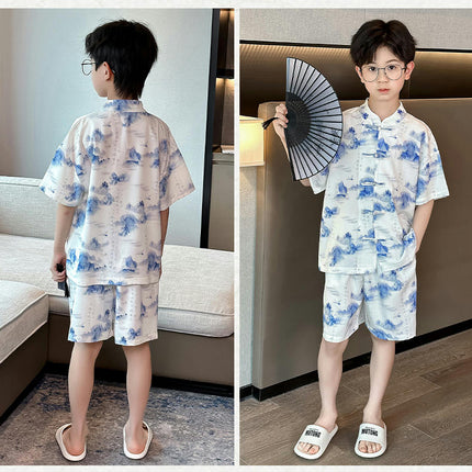Boys' Pajamas 2-piece Set - Imitation Ice Silk Buttoned Short-sleeved Shorts Home Clothes Set