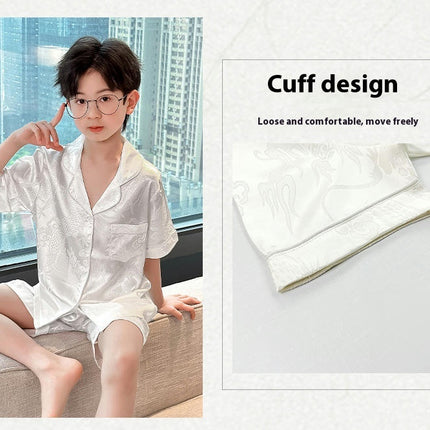 Boys Imitation Ice Silk Pajamas 2-piece Set - Jacquard Button Short Sleeve Shorts Set