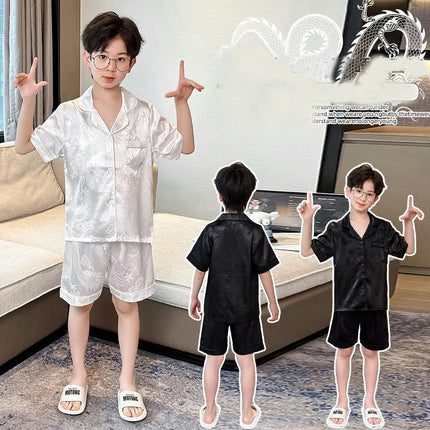 Boys Imitation Ice Silk Pajamas 2-piece Set - Jacquard Button Short Sleeve Shorts Set