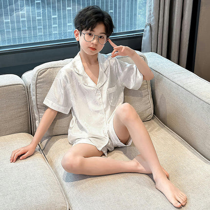 Boys Imitation Ice Silk Pajamas 2-piece Set - Jacquard Button Short Sleeve Shorts Set