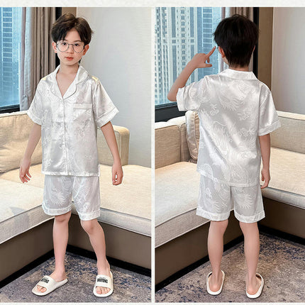 Boys Imitation Ice Silk Pajamas 2-piece Set - Jacquard Button Short Sleeve Shorts Set