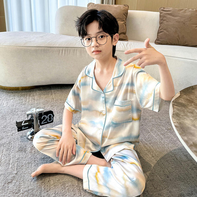 Boys Imitation Ice Silk Pajamas 2-piece Set - Summer Short Sleeve Long Pants Air Conditioning Suit