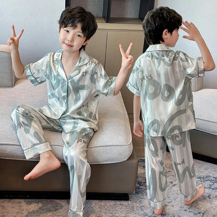 Children's Imitation Ice Silk Pajamas 3-piece Set - Summer Boys Short-sleeved Shorts and Pants Set