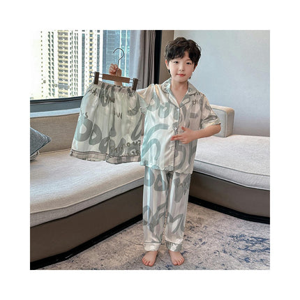 Children's Imitation Ice Silk Pajamas 3-piece Set - Summer Boys Short-sleeved Shorts and Pants Set