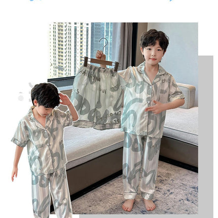 Children's Imitation Ice Silk Pajamas 3-piece Set - Summer Boys Short-sleeved Shorts and Pants Set