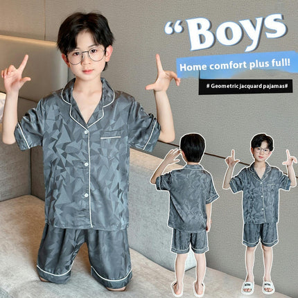 Children's Imitation Ice Silk Pajamas 2-piece Set - Summer Boys Short Sleeve Shorts Set
