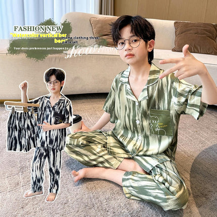 Boys' Pajamas 3-piece Set - Imitation Ice Silk Short-sleeved Shorts and Long Pants Home Clothes Set