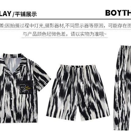 Boys' Pajamas 3-piece Set - Imitation Ice Silk Short-sleeved Shorts and Long Pants Home Clothes Set