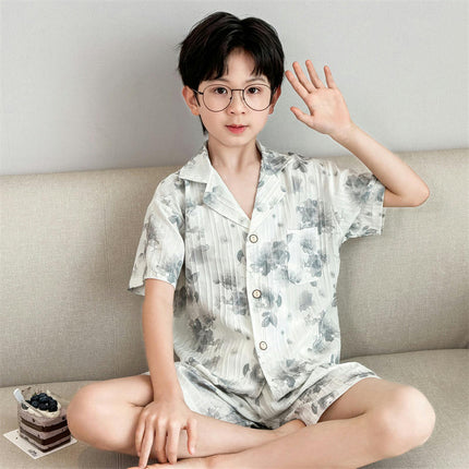 Medium to Large Boys' Pajamas 2-Piece Set Ink Painting Button Top Shorts Home Wear Set