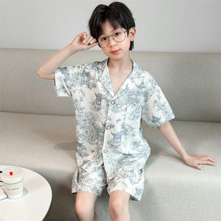 Medium to Large Boys' Pajamas 2-Piece Set Ink Painting Button Top Shorts Home Wear Set