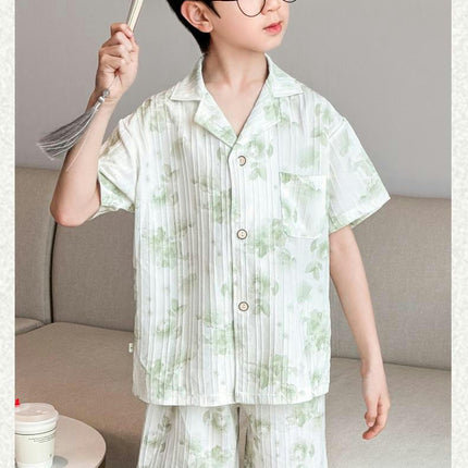 Medium to Large Boys' Pajamas 2-Piece Set Ink Painting Button Top Shorts Home Wear Set