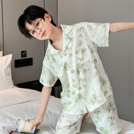 Medium to Large Boys' Pajamas 2-Piece Set Ink Painting Button Top Shorts Home Wear Set