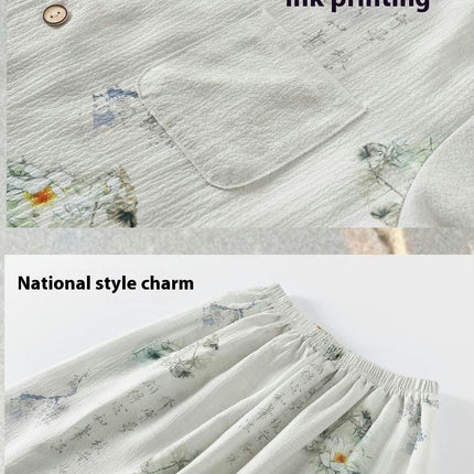 Medium to Large Boys' Pajamas 2-Piece Set Ink Painting Button Top Shorts Home Wear Set