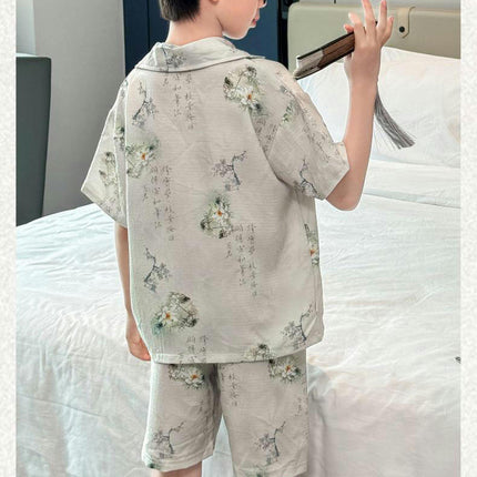 Medium to Large Boys' Pajamas 2-Piece Set Ink Painting Button Top Shorts Home Wear Set