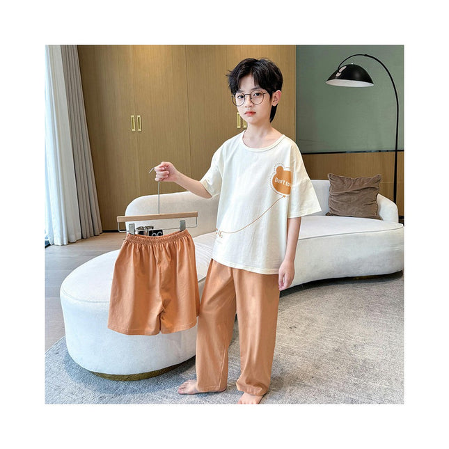 Boys' Pajamas 3-piece Set - 100% Cotton Short-sleeved T-shirt Shorts Pants Home Clothes Set