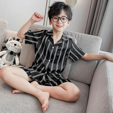 Medium To Large Boy's Pajamas 2-Piece Set - Imitation Ice Silk Button Top Shorts Home Wear Set