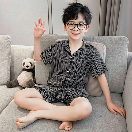 Medium To Large Boy's Pajamas 2-Piece Set - Imitation Ice Silk Button Top Shorts Home Wear Set