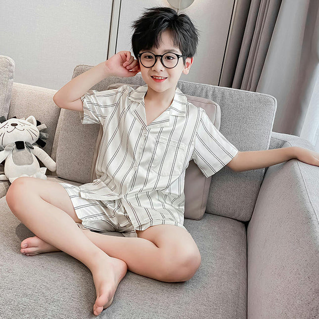 Medium To Large Boy's Pajamas 2-Piece Set - Imitation Ice Silk Button Top Shorts Home Wear Set