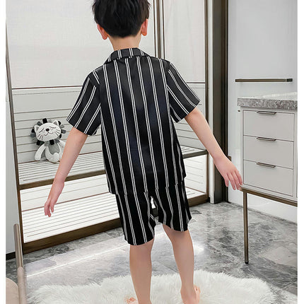 Medium To Large Boy's Pajamas 2-Piece Set - Imitation Ice Silk Button Top Shorts Home Wear Set