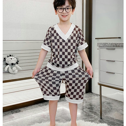 Medium To Large Boy's Pajamas 2-Piece Set - Imitation Ice Silk Button Top Shorts Home Wear Set