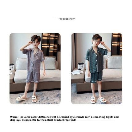 Boys Summer Pajamas 2-piece Set Imitation Ice Silk Button Top Shorts Home Clothes Set