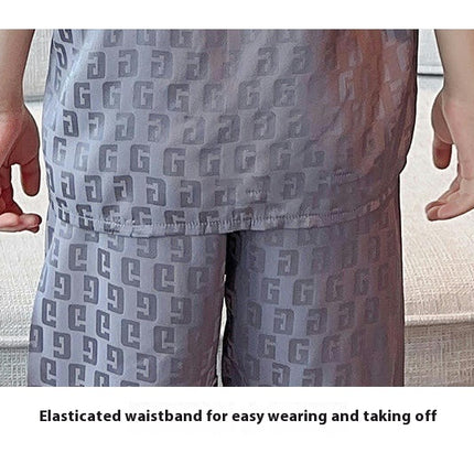 Boys Summer Pajamas 2-piece Set Imitation Ice Silk Button Top Shorts Home Clothes Set