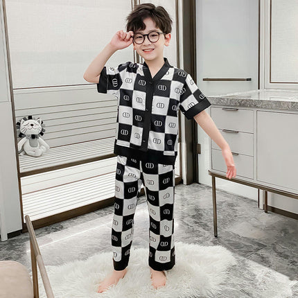 Boys' Pajamas 2-piece Set Imitation Ice Checkerboard Short-sleeved Pants Home Clothes Set