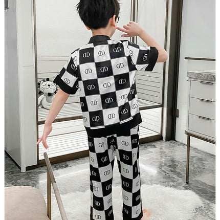 Boys' Pajamas 2-piece Set Imitation Ice Checkerboard Short-sleeved Pants Home Clothes Set