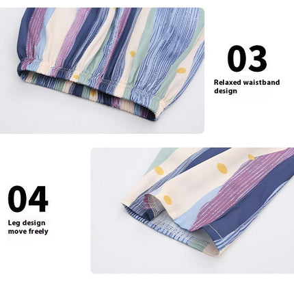 Boys' Color Stripe Pajamas 3-piece Set Imitation Ice Snow Silk Short Sleeve Shorts and Long Pants Set