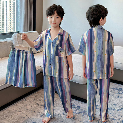 Boys' Color Stripe Pajamas 3-piece Set Imitation Ice Snow Silk Short Sleeve Shorts and Long Pants Set