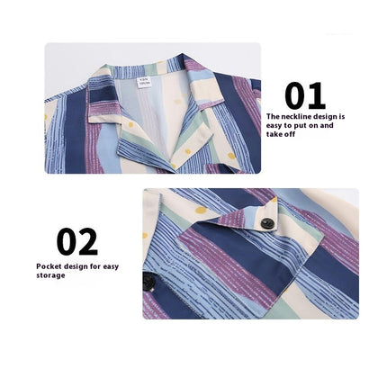 Boys' Color Stripe Pajamas 3-piece Set Imitation Ice Snow Silk Short Sleeve Shorts and Long Pants Set
