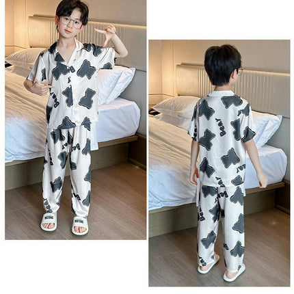 Pajama Set for Middle and Large Kids - Imitation Ice Silk Pajama Set, 3-Piece Button House Suit
