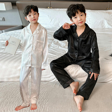 Middle and Large Children's Pajamas Set, Imitation Silky Pjs Set Boy 2Pcs Button-Down Long Sleeves Nightwear