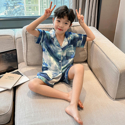 2-Piece Pajamas for Middle and Large Boys Imitation Ice Silk Pajamas Set Button-Style Pajamas