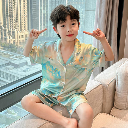 2-Piece Pajamas for Middle and Large Boys Imitation Ice Silk Pajamas Set Button-Style Pajamas