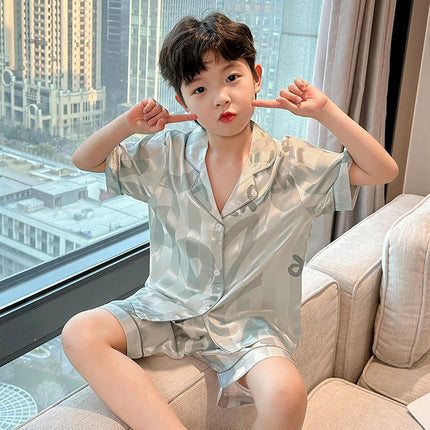 2-Piece Pajamas for Middle and Large Boys Imitation Ice Silk Pajamas Set Button-Style Pajamas