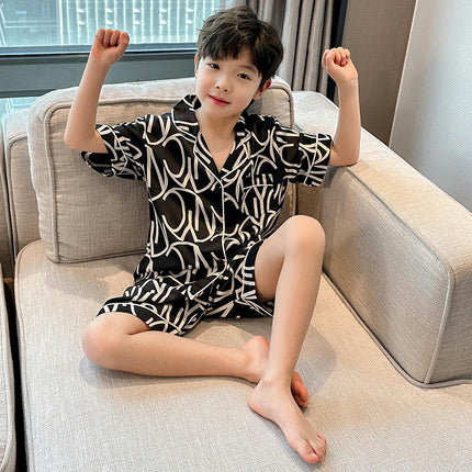 2-Piece Pajamas for Middle and Large Boys Imitation Ice Silk Pajamas Set Button-Style Pajamas