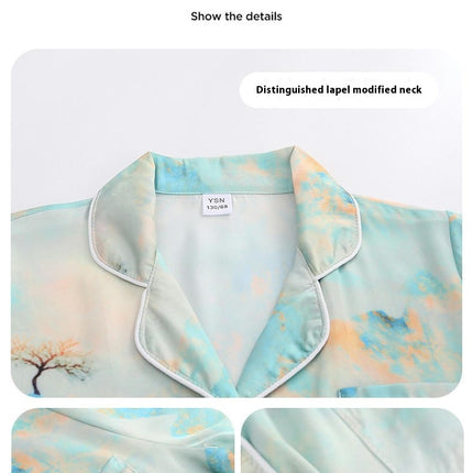 2-Piece Pajamas for Middle and Large Boys Imitation Ice Silk Pajamas Set Button-Style Pajamas