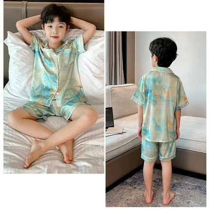 2-Piece Pajamas for Middle and Large Boys Imitation Ice Silk Pajamas Set Button-Style Pajamas