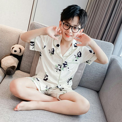 Middle and Large Children's Pajamas Set, Imitation Silky Pjs Set Boy 2Pcs Button-Down Nightwear