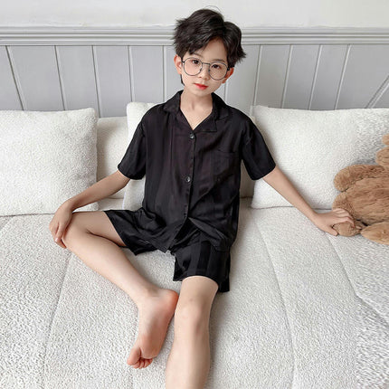 Middle and Large Children's Pajamas Set, Imitation Silky Pjs Set Boy 2Pcs Button-Down Nightwear