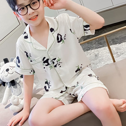 Middle and Large Children's Pajamas Set, Imitation Silky Pjs Set Boy 2Pcs Button-Down Nightwear