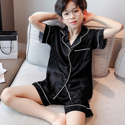 Middle and Large Children's Pajamas Set, Imitation Silky Pjs Set Boy 2Pcs Button-Down Nightwear