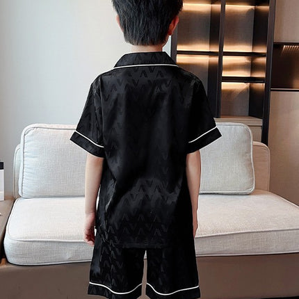 Middle and Large Children's Pajamas Set, Imitation Silky Pjs Set Boy 2Pcs Button-Down Nightwear
