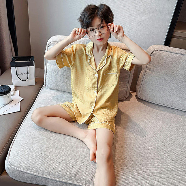 Boy Men's Pajamas, Imitation Silky Pjs Set Kids 2Pcs Button-Down Nightwear