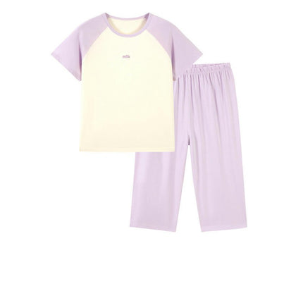 Children's Pajama Set-Summer Thin Boys and Girls Solid Color Three-quarter Sleeve Home Clothes