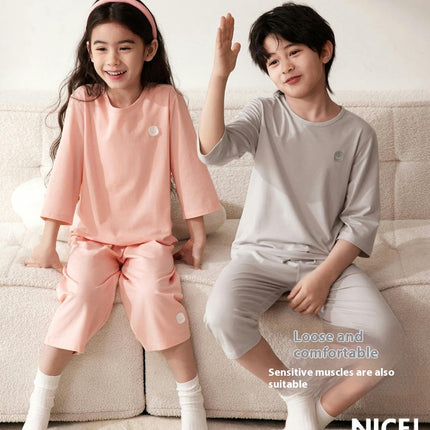 Children's Pajama Set-Summer Thin Boys and Girls Solid Color Three-quarter Sleeve Home Clothes