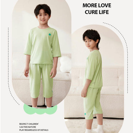 Children's Pajama Set-Summer Thin Boys and Girls Solid Color Three-quarter Sleeve Home Clothes